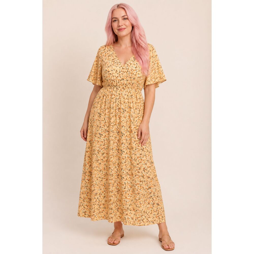 Relaxed Yellow Ditsy Floral Midi Dress Batwing Sleeves 1XL